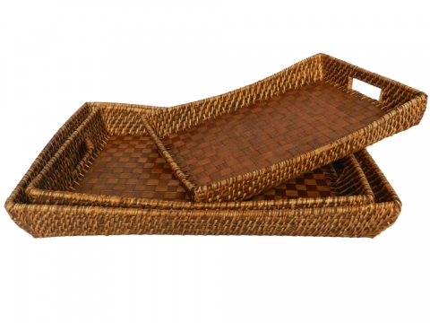 3pc rattan serving tray with bamboo bottom